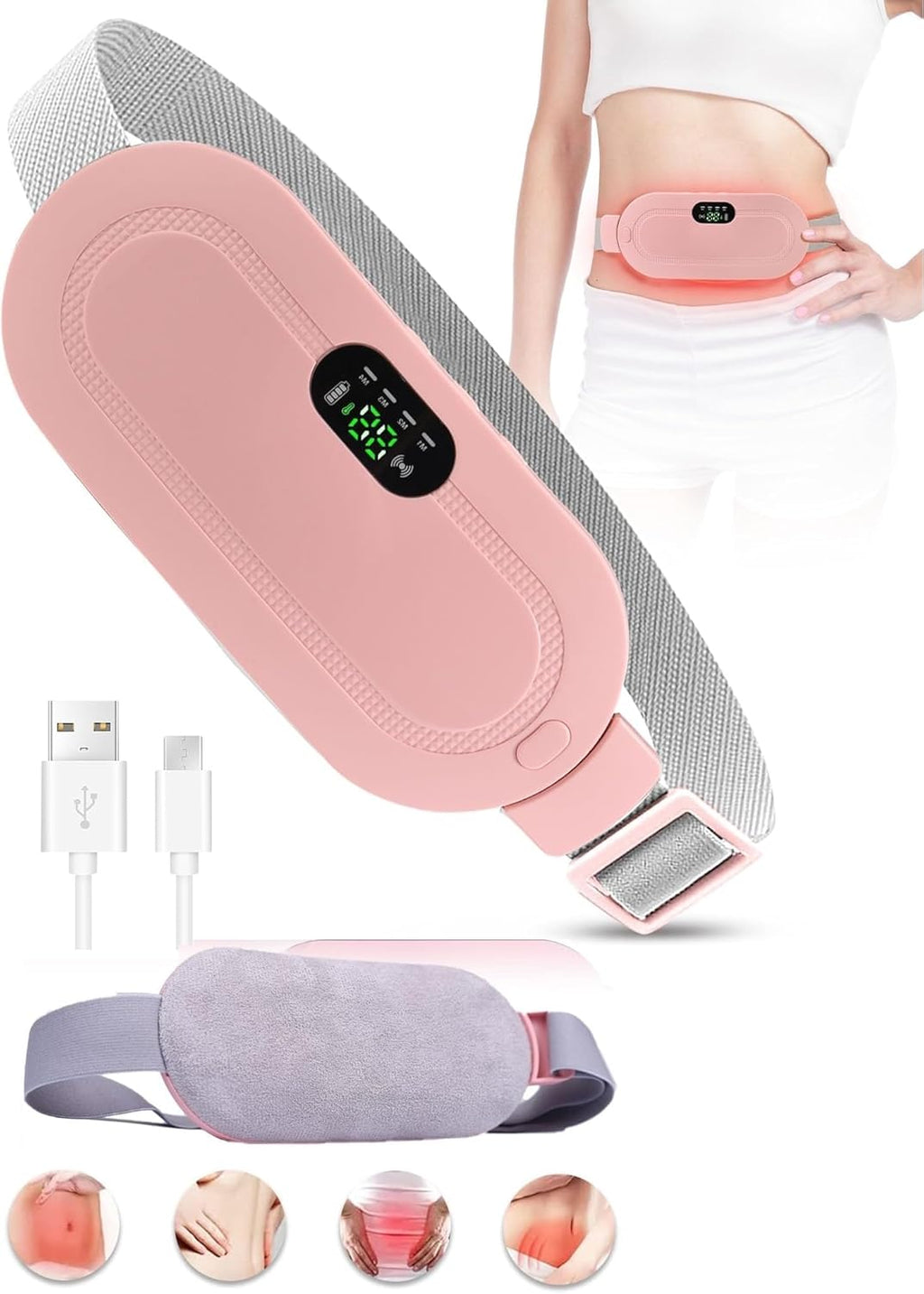 USB Rechargeable Uterine Warm Belt with 4-Speed Vibration – Heated Massage Pad for Period Cramps (Pink)